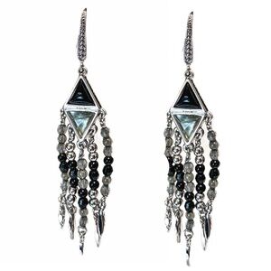 NEW - Boho Chic Silver Black Labradorite Triangle Dangle Beaded Festive Earrings